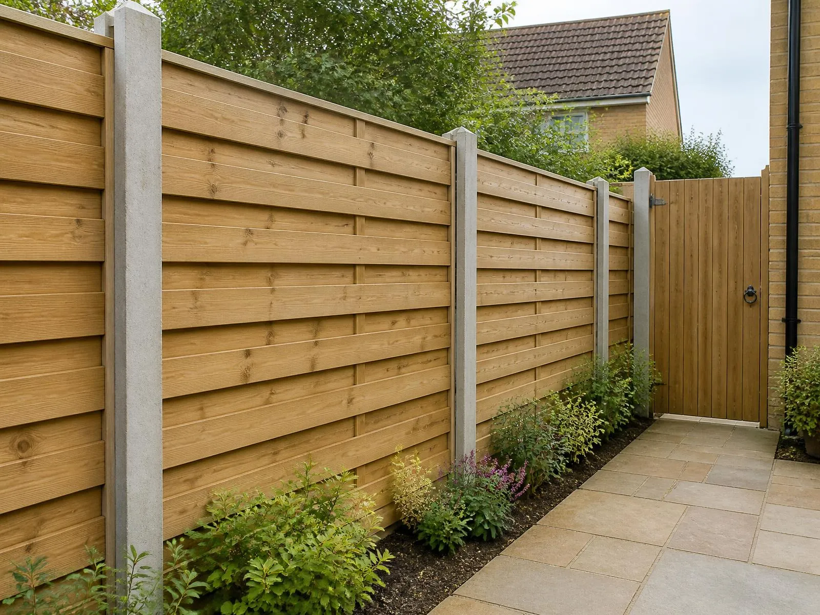 Overlap timber fence panels in concrete posts beside a matching timber side gate